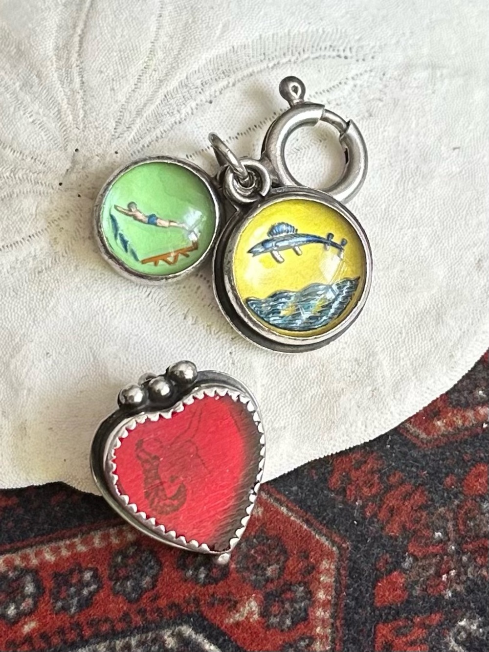 🐡 Vintage 925 Sterling Silver Heart & Ocean Charms with Bright Enamel